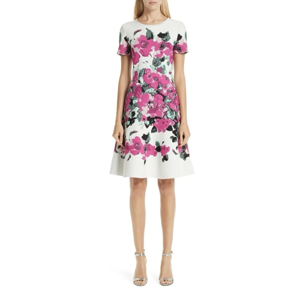 St. John Collection Floral Knit Short Sleeve Dress Size‎ 6 Pink Green Cream